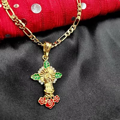 Virgen De Guadalupe Cross Necklace 18k  Gold Plated Red Green With 24 Inch Chain • $53.69