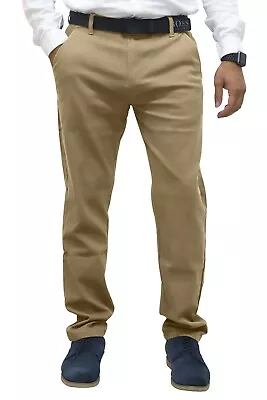 Mens Regular Fit Chino Trousers Stretch Casual Cotton Flat Front Flex Full Pants • $22.94