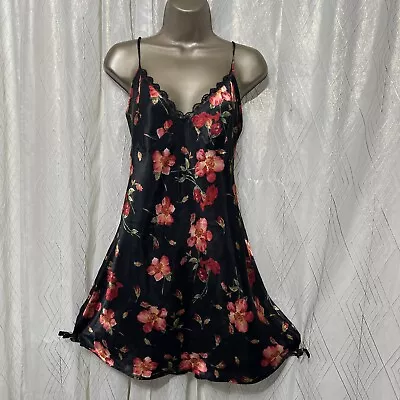 VTG L XL Black Floral Red Babydoll Teddy Lace Silky Nylon Satin Negligee Soft • $59.99