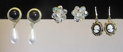 Vtg Lot 3 PAIR CLIP ON EARRINGS Faux Pearl Cameo Drops Aurora Borealis Crystal  • £14.43