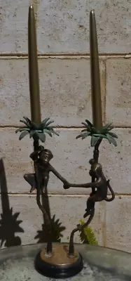 Large Solid Brass Monkeys Climbing Palm Trees Double Candle Holder 13.75  Tall • $94.94