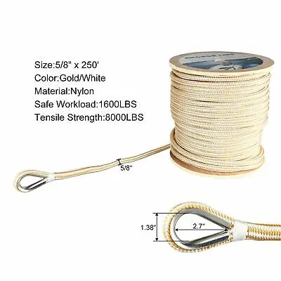 5/8 Inch 250 Ft Double Braid Nylon Rope Anchor Line W/Stainless Steel Thimble • $145.99