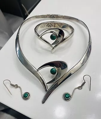 Miguel Pineda Modernist Malachite Collar And Cuff Bracelet W/ Matching Earrings • $590