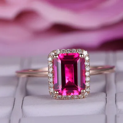 2.5Ct Emerald Cut Pink Sapphire Diamond Halo Engagement Ring 14k Rose Gold Over • £90