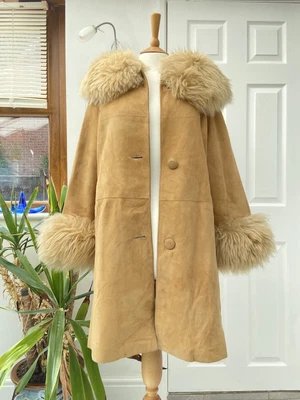 £130 • Buy Vintage Suede Penny Lane Afghan Faux Fur Along Coat Size 10 Small Beige Camel S