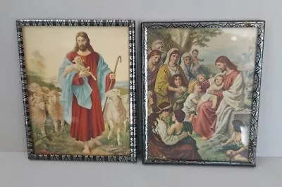 Antique Art Deco Picture Frame Set Metal Silver Black 4x5 Jesus Children Sheep • $20.28