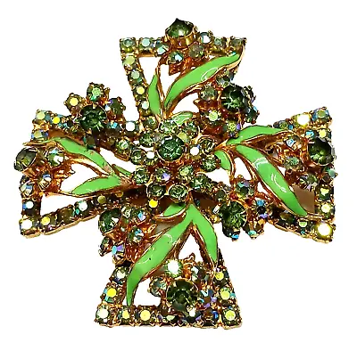 High End Unsigned Vintage Maltese Cross Brooch AB Flower Florets Enamel • $149.95