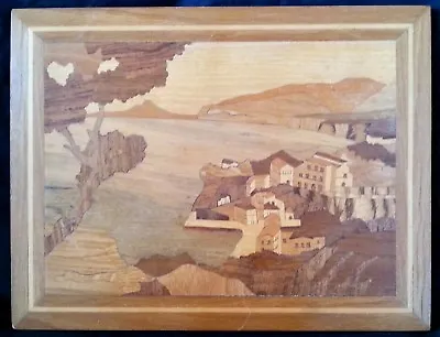 Vintage Notturno Sorrento Italy Wood Inlay Picture  Monte Vesuvio  8.5 By 11  • $69.95