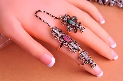 Gorgeous Vintage Turkish HighQuality Flower Double Finger Rings Resin Adjustable • $18.92