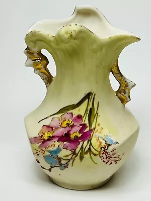Vintage Victorian Light Lime Vase With Floral And Gold Gilt Handles 5  Tall • $22