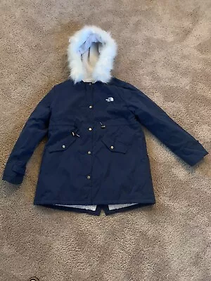 Vintage Style Northface Sherpa Lined Fur Hood Jacket Navy Blue Large Parka • $69.99