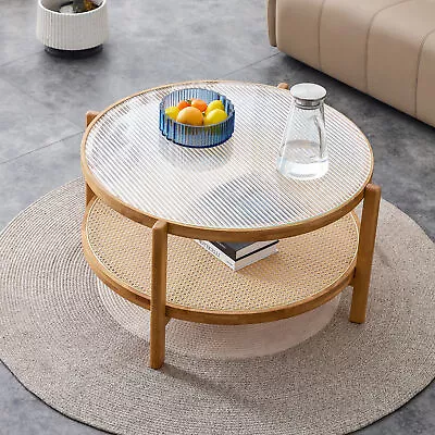 Modern Circular Double-Layer Solid Wood Tea Table With Rattan Weave • $253.80