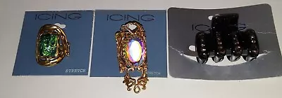 Vintage Lot Of 3 Icing 2 Statement Stretch Rings & 1 Hair Clip NEW NOS • $7.99