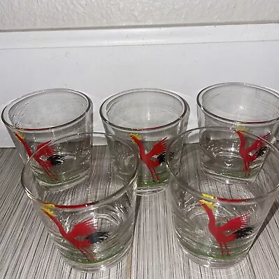 Federal Glass Red Crowing Rooster Collin Cocktail Shot Glasses 5 Set Great Cond. • $69.99