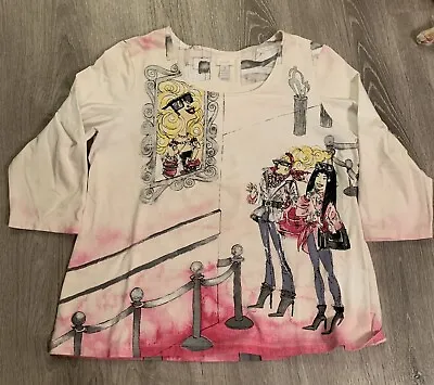 Chico's Pink Museum Print 3/4 Sleeve Shirt Y2K Barbie Rhinestone Women’s 3 • $26.97