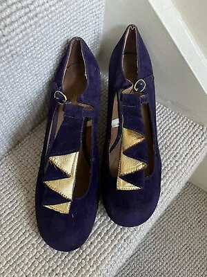 Atmosphere Ladies Dark Purple Suede T Bar Shoes Deco Gold Fan Detail UK Size 6 • £10.50