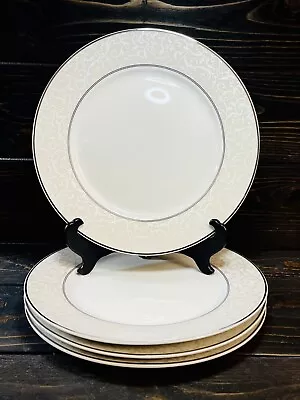 Mikasa Parchment Dinner Plates 10 3/4” Set Of 4 Platinum Trim Scroll Rim L3438 • $35