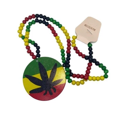 $16.20 • Buy NWT Rasta Pot Leaf Weed Red Yellow Green Wooden Beaded Necklace