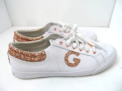 G By Guess White Rose Gold Women's Glitter Faux Leather Sneakers Shoes-Size 12M • $29.99