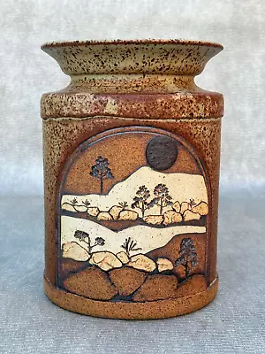 Vintage Rick Schlag Studio Pottery Vase Southwestern Landscape Black Sun Signed • $225