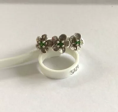 Russian Diopside Sterling Silver 3 Triple Flower Ring Green Stone Small Size K • £12