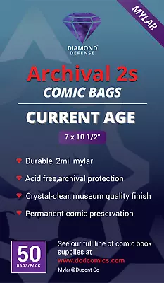 Mylar ARCHIVAL2s Comic Bags - CURRENT Age 50 Count Pack • $22