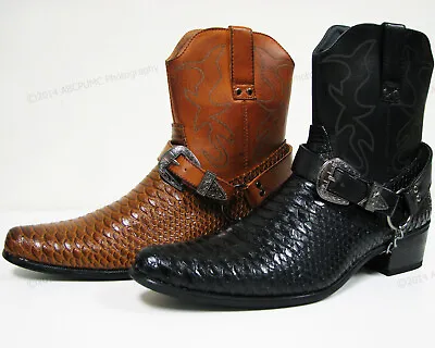 Brand New Mens Cowboy Boots Western Snake Skin Print Zippper Buckle Harness Shoe • $35.90