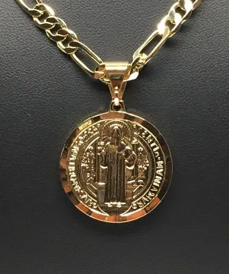 Gold Plated San Benito Medalla Pendant Necklace Cadena 26  Oro Laminado • $15.99