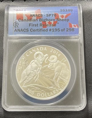 $56 • Buy Canada 2014 $100 Silver Coin: Bighorn Sheep- First Release-ANACS SP70