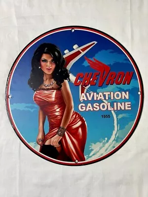 VINTAGE CHEVRON AVIATION GASOLINE PINUP Porcelain Enamel Sign. • $117.43