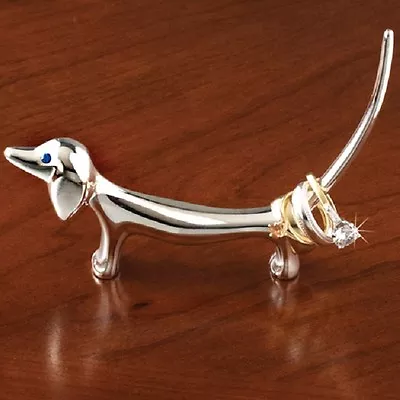 DELUXE SILVER-PLATED DACHSHUND RING HOLDER DOXIE 4-1/2  Long BLUE CRYSTAL EYES • $18.99