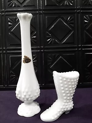 Vintage Fenton Milk Glass Hobnail Swung Stretch Bud Vase & Lace-up Boot Figurine • $15.50