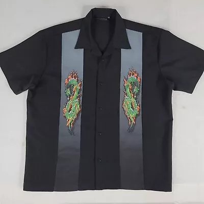 Vintage Steady Bowling Shirt Men 2XL XXL Black Panel Camp Flames Dragon ButtonUp • $29.88