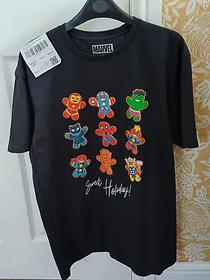 Marvel Mens M T-Shirt In Black Festive GingerBread Avengers Sweet Holiday NWT  • £14