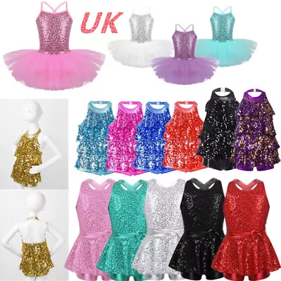 UK Girls Shiny Sequins Ballet Dance Tutu Dress Leotard Jazz Performance Costume • £15.49