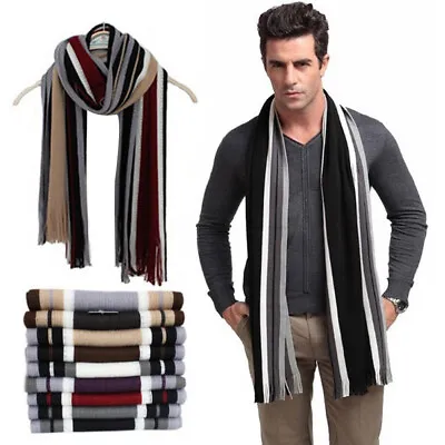 Mens Cashmere Striped Scarf Winter Soft Fringe Tassel Long Shawl Stole Neck Wrap • £6.32