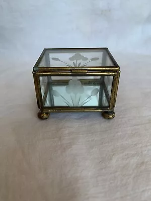 Etched Flower Beveled Glass Brass Mirrored Display Box Hinged Tulip Willow VTG • $17.83