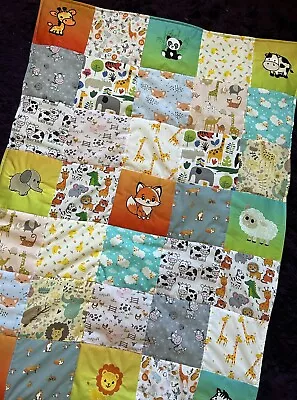 Handmade Patchwork Baby Quilt With Embroidered Animals • £25