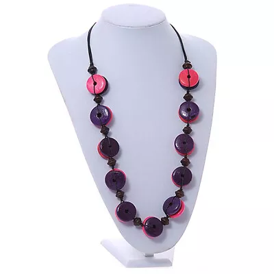 £5.99 • Buy Deep Pink/ Purple Button Shape Wood Bead Black Cotton Cord Necklace - 72cm L