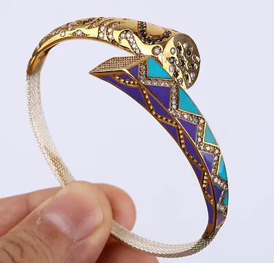 $48 • Buy Enamel Turkish Simulated Topaz .925 Silver & Bronze Bangle Bracelet #43577
