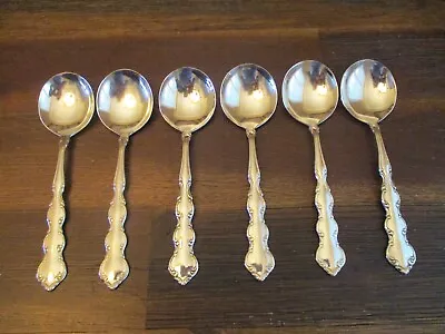 6 Oneida Deluxe MOZART Round Soup Spoons Glossy Stainless Flatware  6 3/4  • $33.99