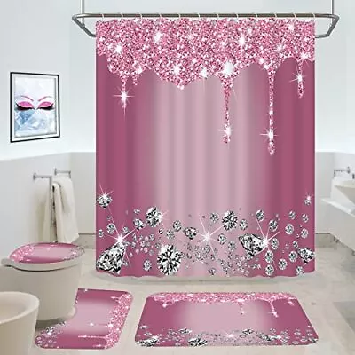 Set Of 4 Glitter Diamond Shower Curtain Set With Rug Toilet Lid Cover • $37.69