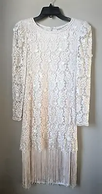 Vintage Nuit Evening Lace Fringe Dress Woman Size6 Sequins Light Peach Color USA • $63.75