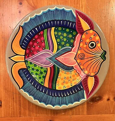 Vintage Mexican Hand Painted Bright Wall Plate Fish Design Terracotta 7-1/2  • $9