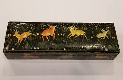 Hand Painted Black Lacquer Wood Trinket Box Kashmir India Deer Fox Rabbit Animal • $44