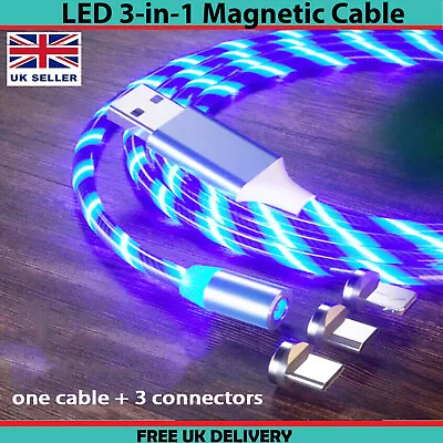 LED 3 IN 1 Magnetic Fast Charging USB Charger Cable For All Phones & Tablets UK • £1.89