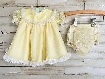 Vintage Yellow Sheer Flocked Swiss Dot Baby Girl Dress Diaper Cover Lace Ruffles • $40