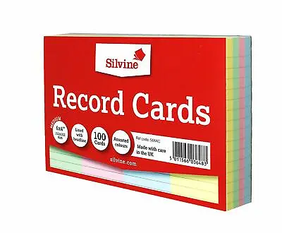 Pack Of 100 Record Cards Ruled 6  X 4  Assorted Colours - Revision Index Cards • £3.49