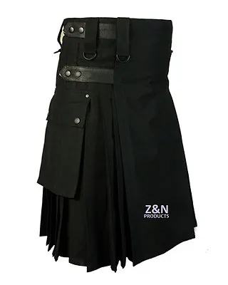 Men's Black Cotton Leather Straps Fashion Sport Utility Kilt Adjustable Sizes • £31.99