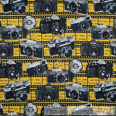 BonEful FABRIC FQ Cotton Quilt Yellow Black Camera SLR Photographer Retro Stripe • $7.60